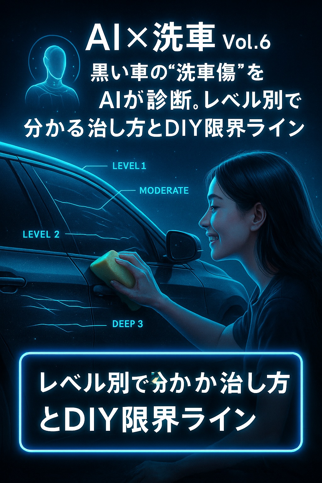 AIが黒い車の洗車傷をレベル診断している様子を描いた未来的イメージ